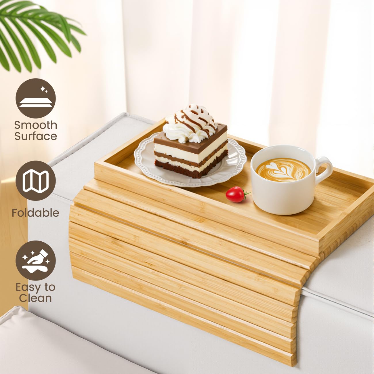 Kssiaz Couch Arm Tray, Bamboo Sofa Tray Table for Couch, Sofa Armrest Table, Anti-Slip Armrest Organizer, Foldable Couch Cup Holder for Snacks, Phone, Control, Cups, Natural