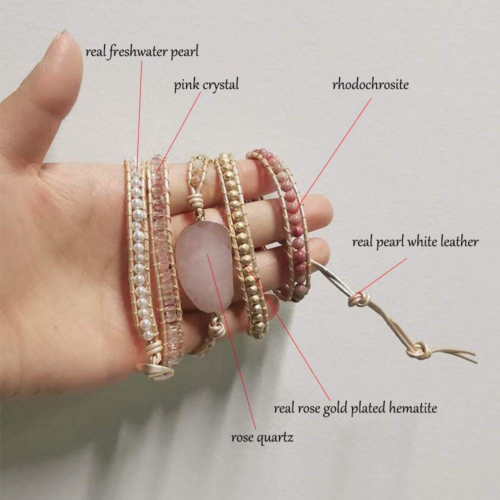 Plumiss Women Rose Quartz Wrap Bracelets Handmade Natural Stone Bead Crystal Hematite Mixed Strand Bracelet Jewelry