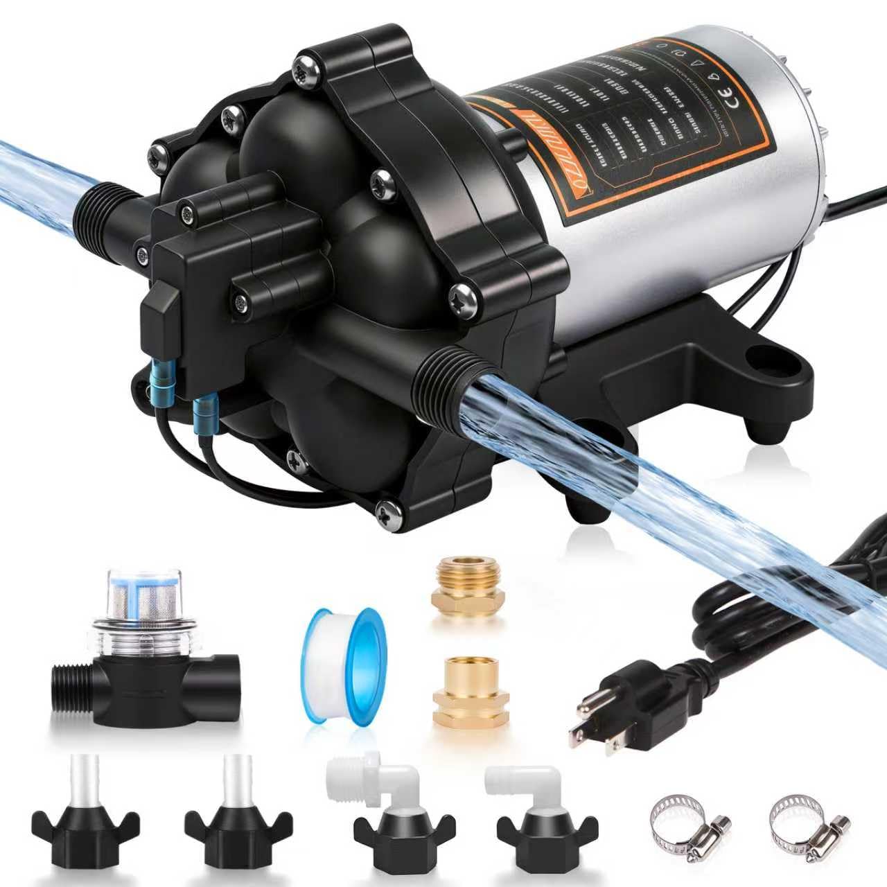 Upgraded 110V AC Fresh Water Pump, 7GPM 70PSI, Five Chamber Self-Priming Diaphragm Pump with Heavy Duty Pressure Switch & Strainer for RV, Marine，Home Water System, Irrigating & Industrial Settings