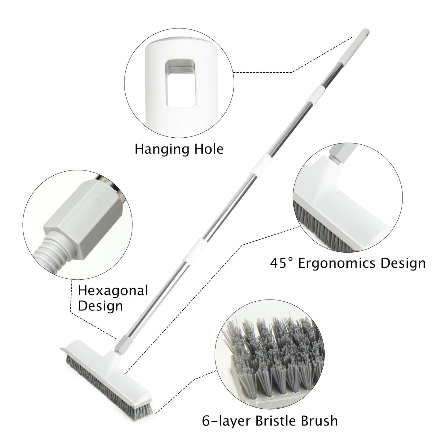 XXFLOWER Floor Brush, 2-in-1 Scraping Brush,with 59.8" Long-Handled Adjustable Floor Brush, Suitable for Cleaning Kitchen, Bedroom, Shower Room, Floor, Tile Patios, Outdoor Patio, Terrace (White)