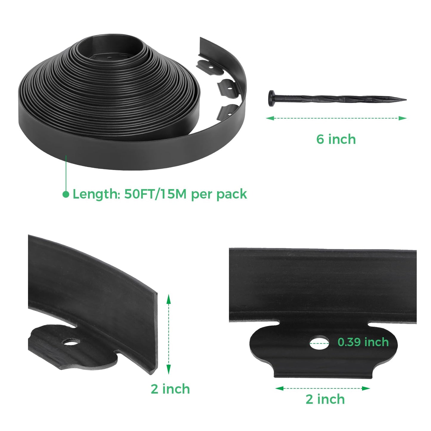 2-Inch x 50 FT Landscape Edging Border with 75 Spikes, Garden Edging Border Lawn Edging Border, Plastic Edging Border Flexible for Garden Flower Beds Lawn Yard Paver Pathway (Black)