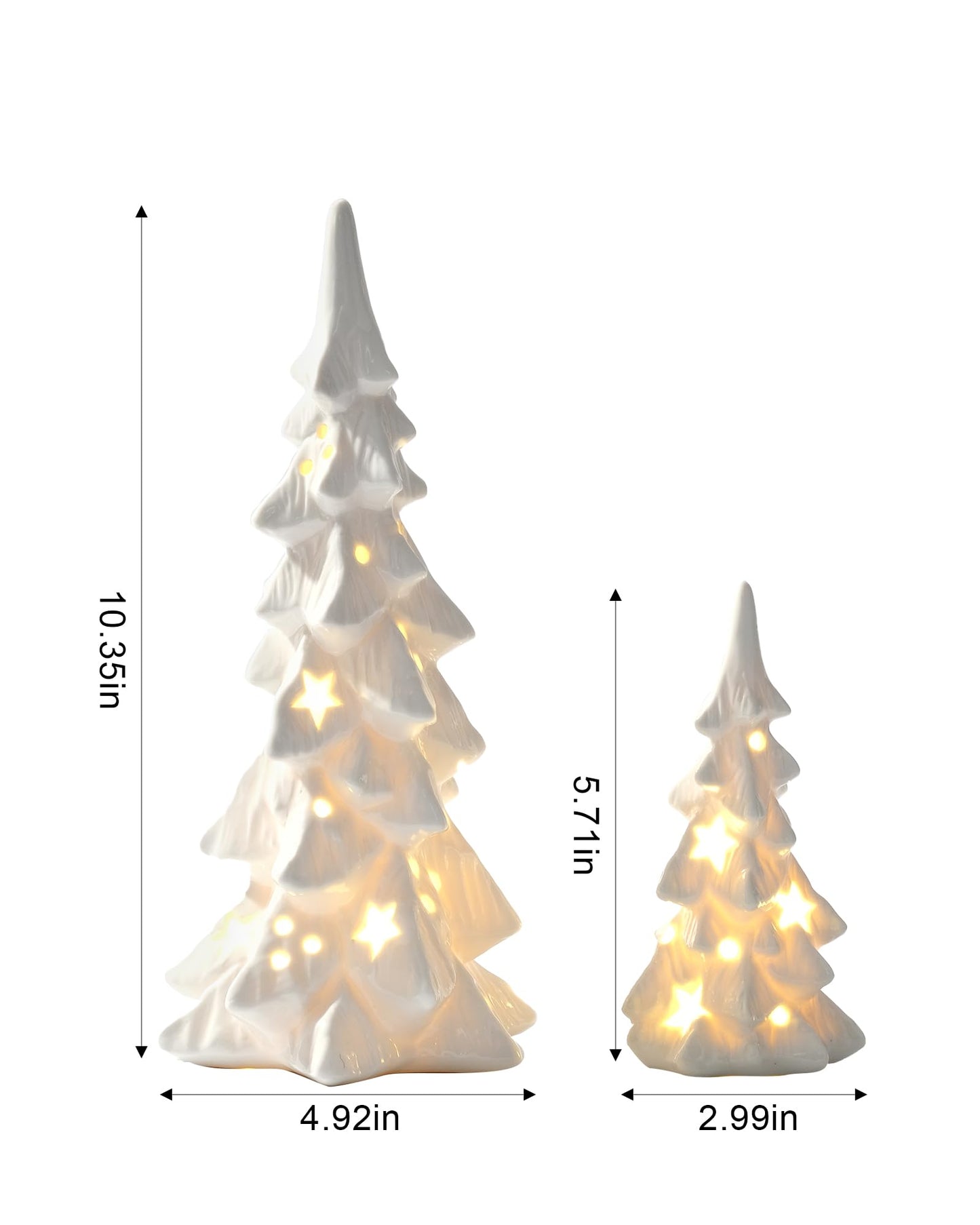 DN DECONATION White Ceramic Christmas Trees that Light Up, 2Pcs Porcelain Christmas Tree with Lights, Stars and Dots Cutout Prelit Tabletop Xmas Tree Figurines for Mantle Neutral Christmas Decor, Gift