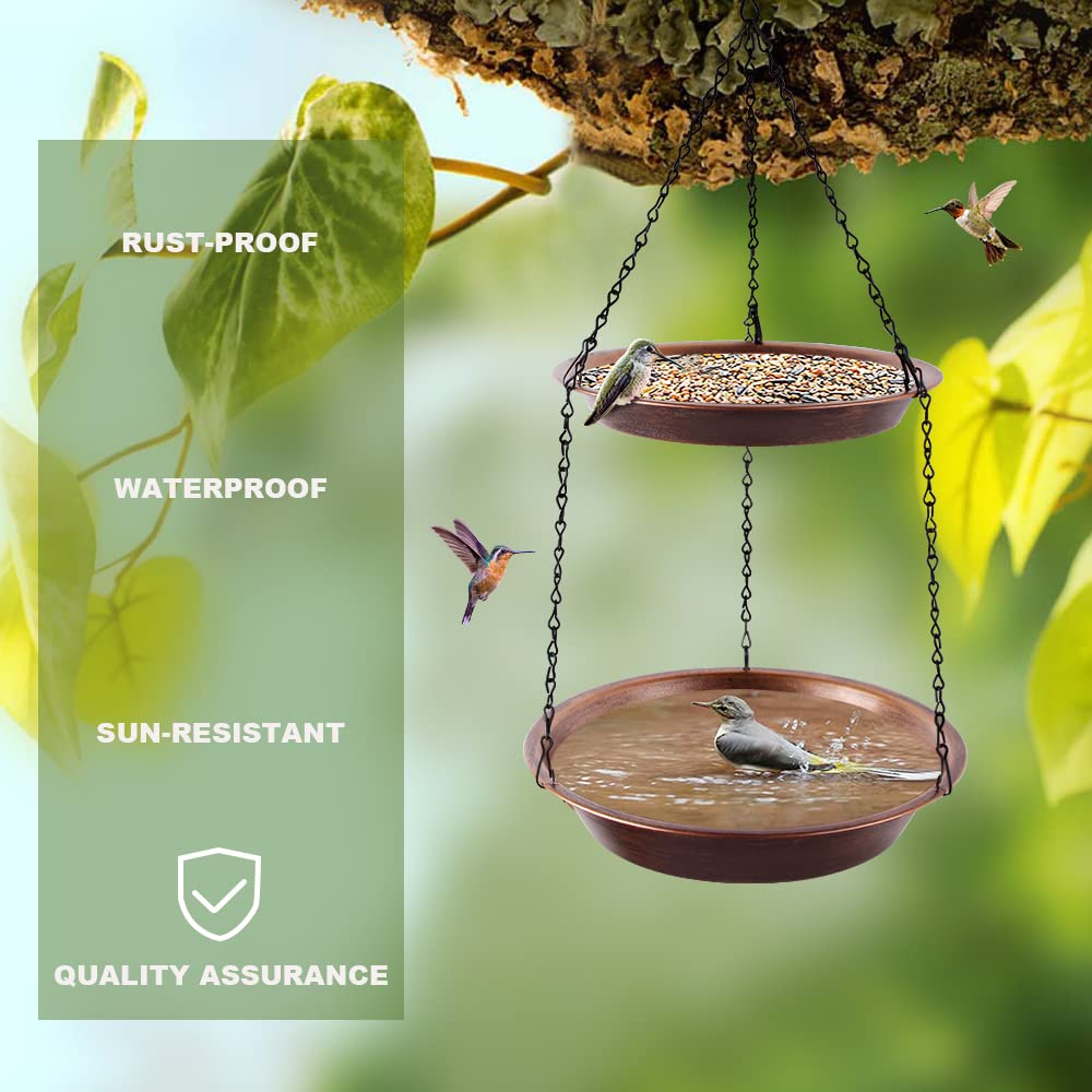Keygift Hanging Bird Bath for Outdoor, 2-in-1 Antique Copper Metal Bird Feeder&Birdbath Bowls with 23" Rust-Proof Black Chains Backyard Birdbath Garden Decor