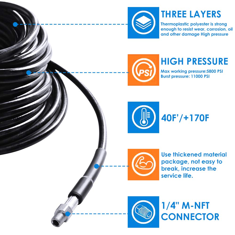 ZOFINE Sewer Jetter Kit for Pressure Washer 100FT, 5800PSI Drain Cleaner Hose 1/4 Inch NPT Corner, Rotating and Button Hose Sewer Jetting Nozzle Pearl Corsage Pin Waterproof Tape with 2 Spanner