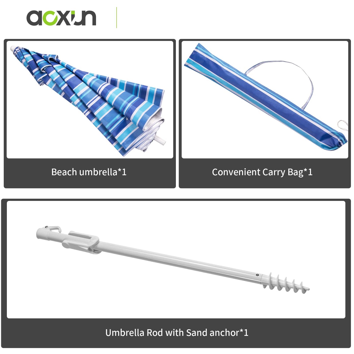 Aoxun 6.5ft Beach Umbrella with Tilt Pole, Portable Sand Anchor and Carry Bag, UPF 50+ Sun Shelter Air Vents Design for Outdoor Activities (Navy Blue & White)