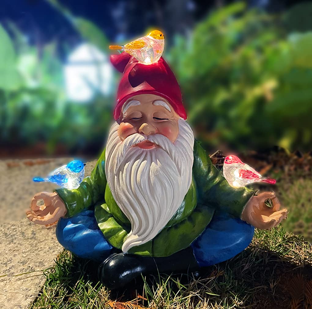RAYWER Solar Powered Gnome with Red Hat and 3 Birds, Resin Garden Ornament with LED Light, Lawn Figurine Outdoor Decoration Statue (Gnome with 3 Birds)