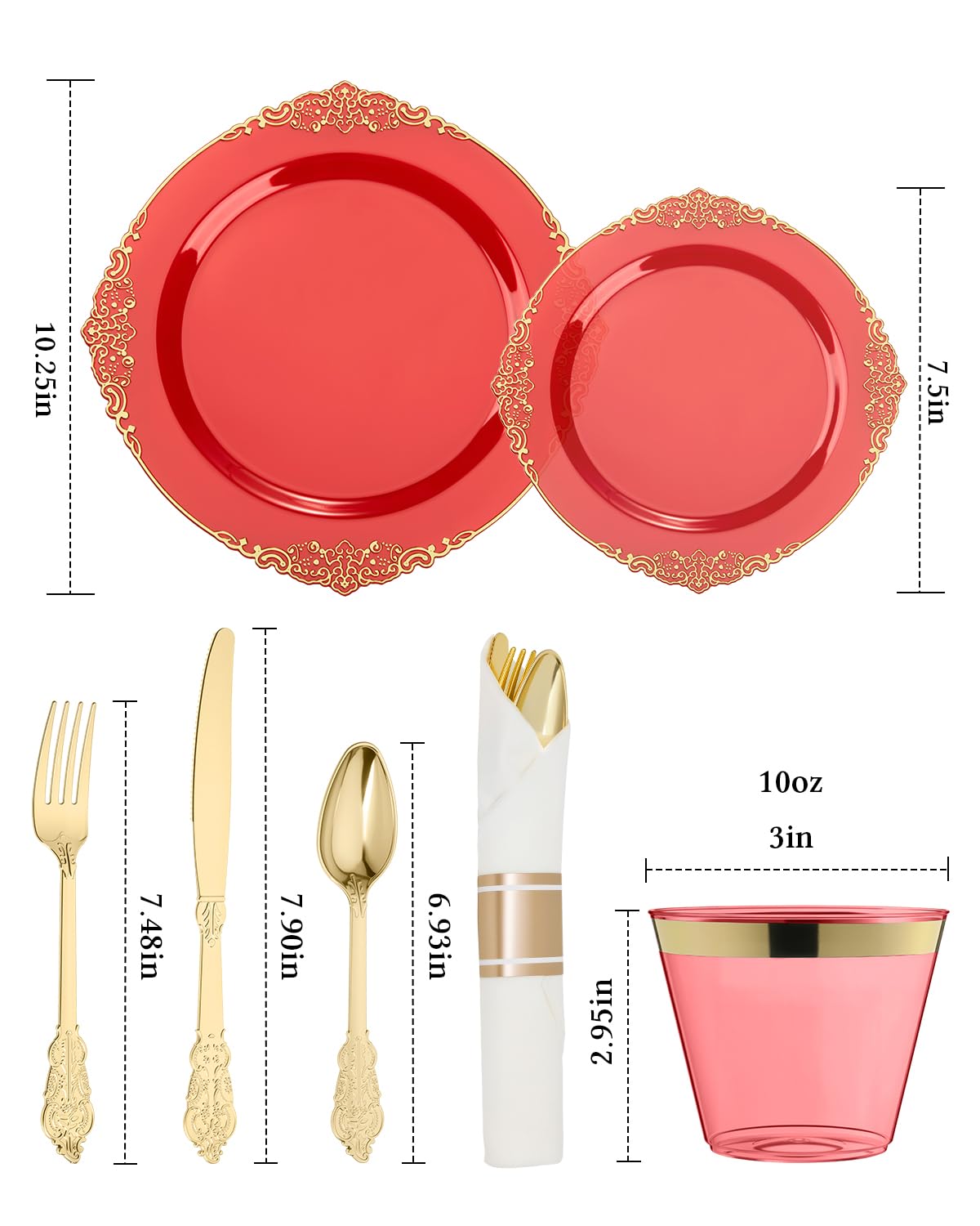 Goodluck 350 Piece Red Dinnerware Set for 50 Guests, Fancy Disposable Plates, Include: 100 Gold Rim Plastic Plates, 150 Silverwares, 50 Pre Rolled Napkins, 50 Cups for Party, Wedding