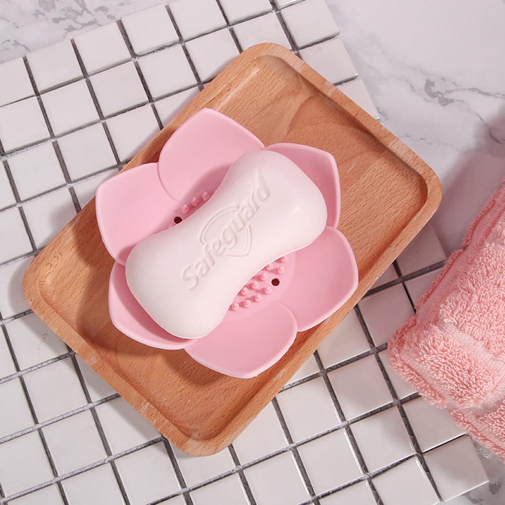 Soap Dishes with Draining, Bathroom Bar Soap Holder for Shower, Soap Tray for Kitchen Sink, Silicone Flower Shape Soap Saver for Counter, Bathtub. Extend Soap Life, Easy Dry (2 Pack, Pink + Blue)