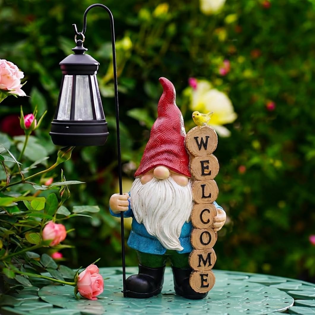 PETAFLOP Solar Garden Gnome Statue Decor with Welcome Sign, Funny Gnomes Figurine for Yard Patio Balcony Outdoor Decorations, Mother's Day Birthday Housewarming Gifts for Mom Grandma