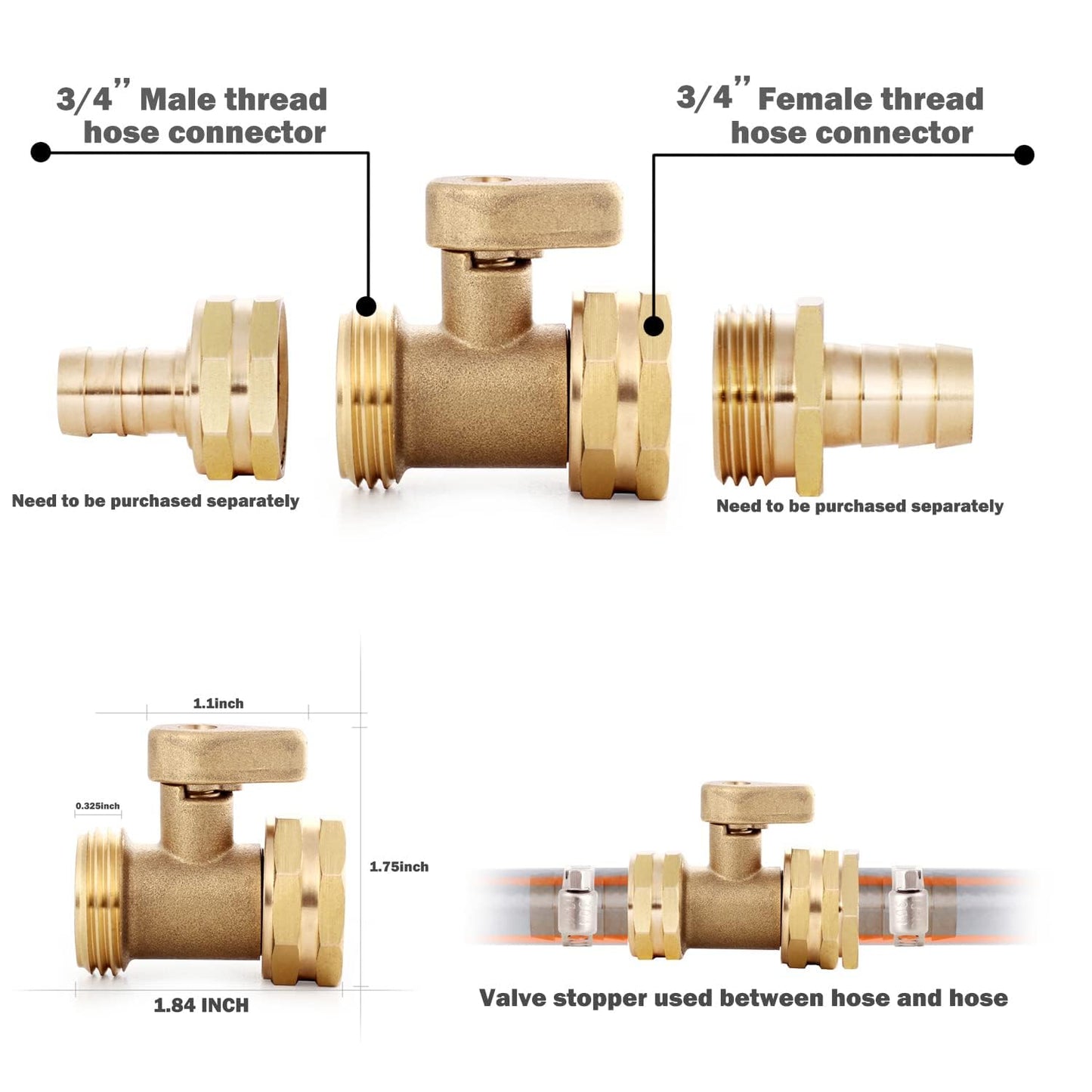 YELUN Garden hose shut off Valve- 3/4”Heavy Duty Brass Shut Off ball Valve Garden Hose Connector 4 Set