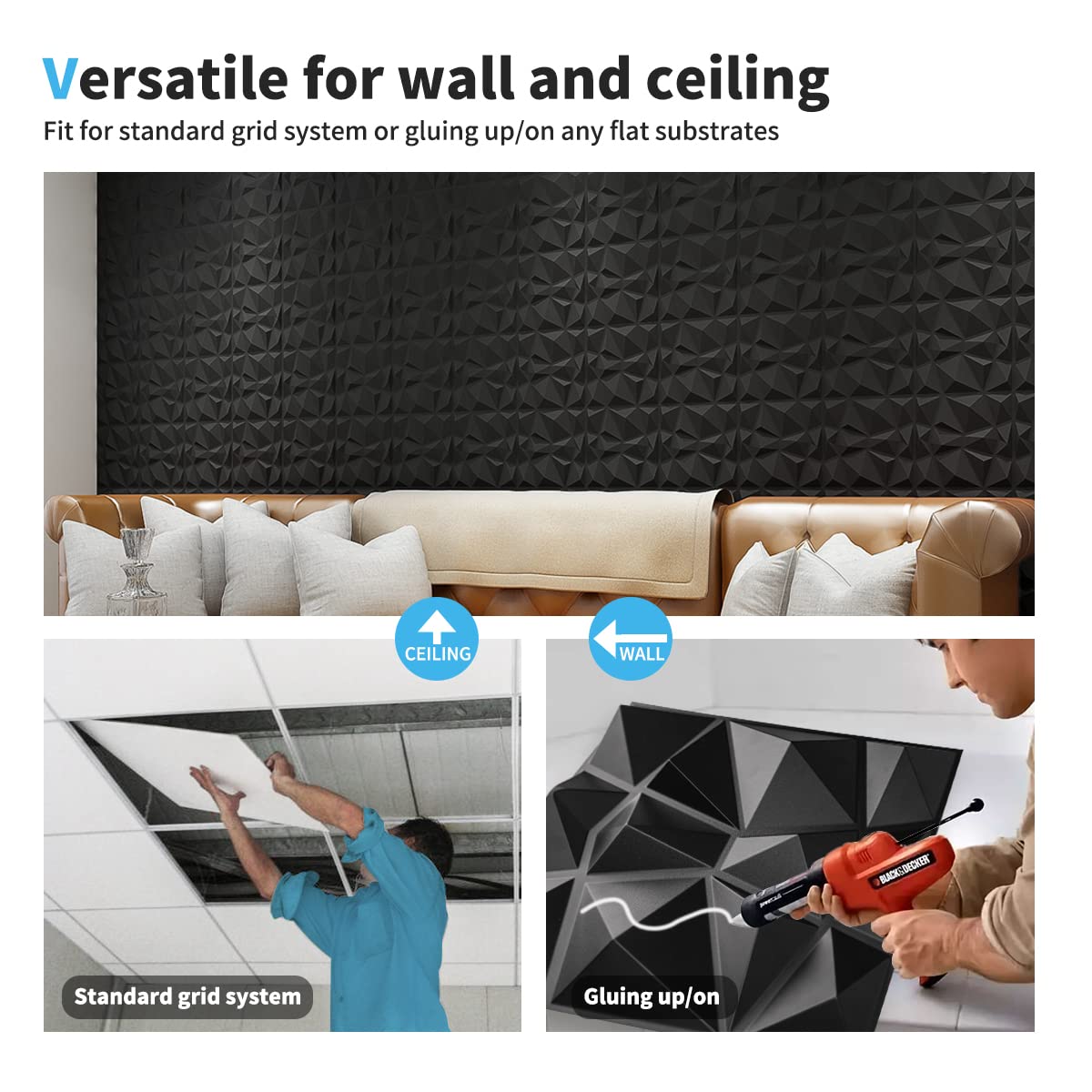 Art3d Decorative 3D Wall Panels in Diamond Design, 12"x12" Matt Black for Home and Office Decor (33 Pack)