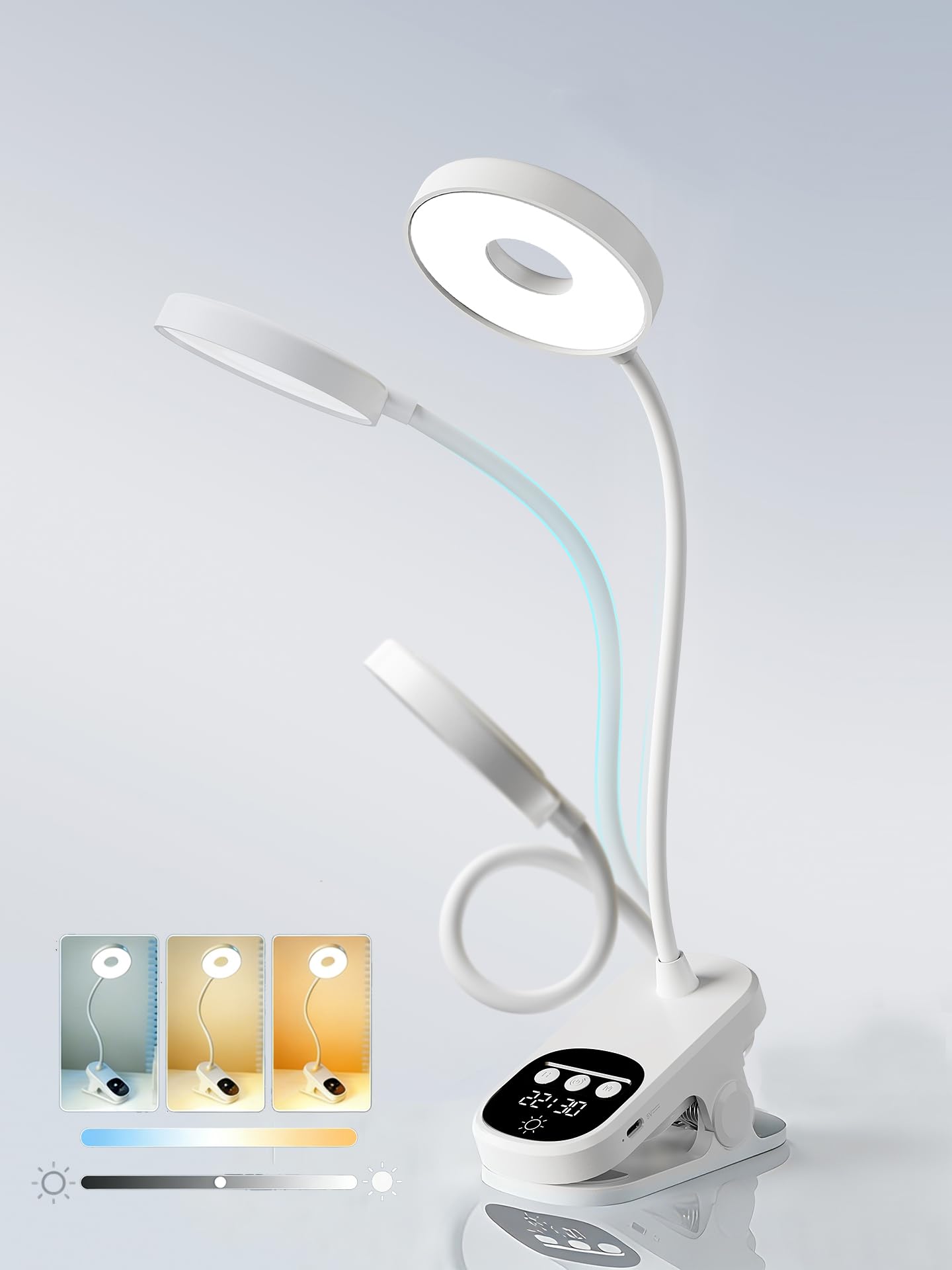 Wireless Clip on LED Desk Lamp, 1800mAh Rechargeable Eye-Caring Bedside Reading Light with Clock & Timer, 3 Color Temperatures 360° Rotatable for Dorm Room Home Office Camping Blackout (White)