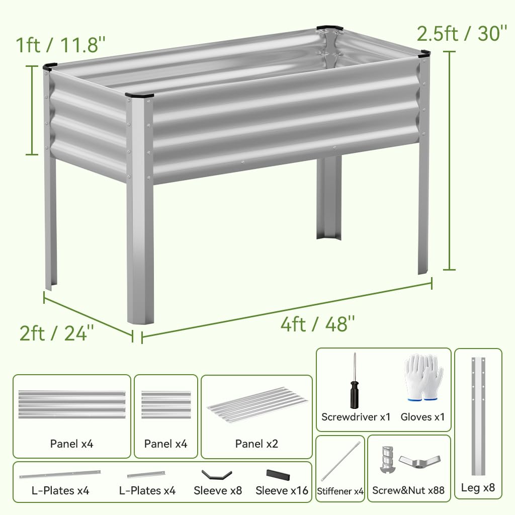 COMHOMA 2 Pack Raised Garden Bed with Legs 4x2x2.5ft,Large Elevated Galvanized Metal Planter Box with Drainage Holes,Outdoor Growing Kit with Gloves Tools for Backyard Patio Lawn,Sliver