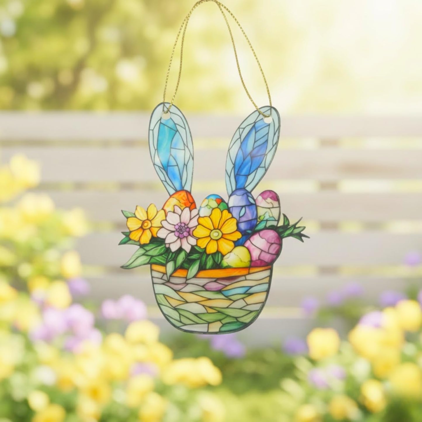 Floral Gifts for Women, Bunny in Flower Basket Acrylic Suncatcher, Faux Stained Glass Effect,Hanging Decoration for Window, Home, Cute, Whimsical Garden Suncatcher, Christmas Tree Decor