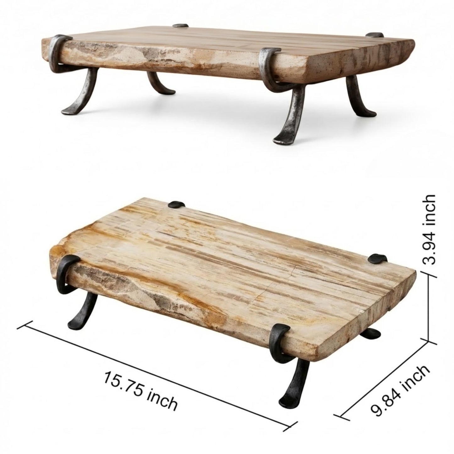 Petrified Wood Serving Board, Rustic Handcrafted Natural with Industrial Forged Metal Legs | Live Edge Charcuterie Platter | Kitchen Dining Table Organizer & Centerpiece Display Tray | 15.7"x9.8"x3.9"