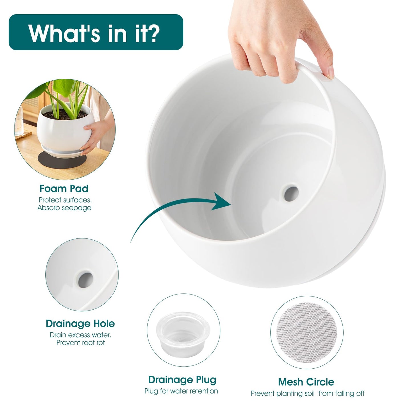 vancasso 3-Pack Ceramic Plant Pots, 7.3/9.6/11.6 Inch Indoor Planters with Saucers & Drainage Hole Planter pots for Indoor Plants and Flower, White