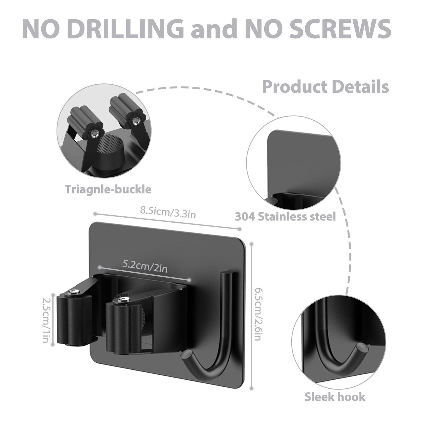 homeasy Mop Broom Holder No Drill, Mop Broom Organizer Wall Mounted Heavy Duty with Hooks Hanger, Self Adhesive Stainless Steel 4Pcs for Bathroom, Kitchen, Office (Black)