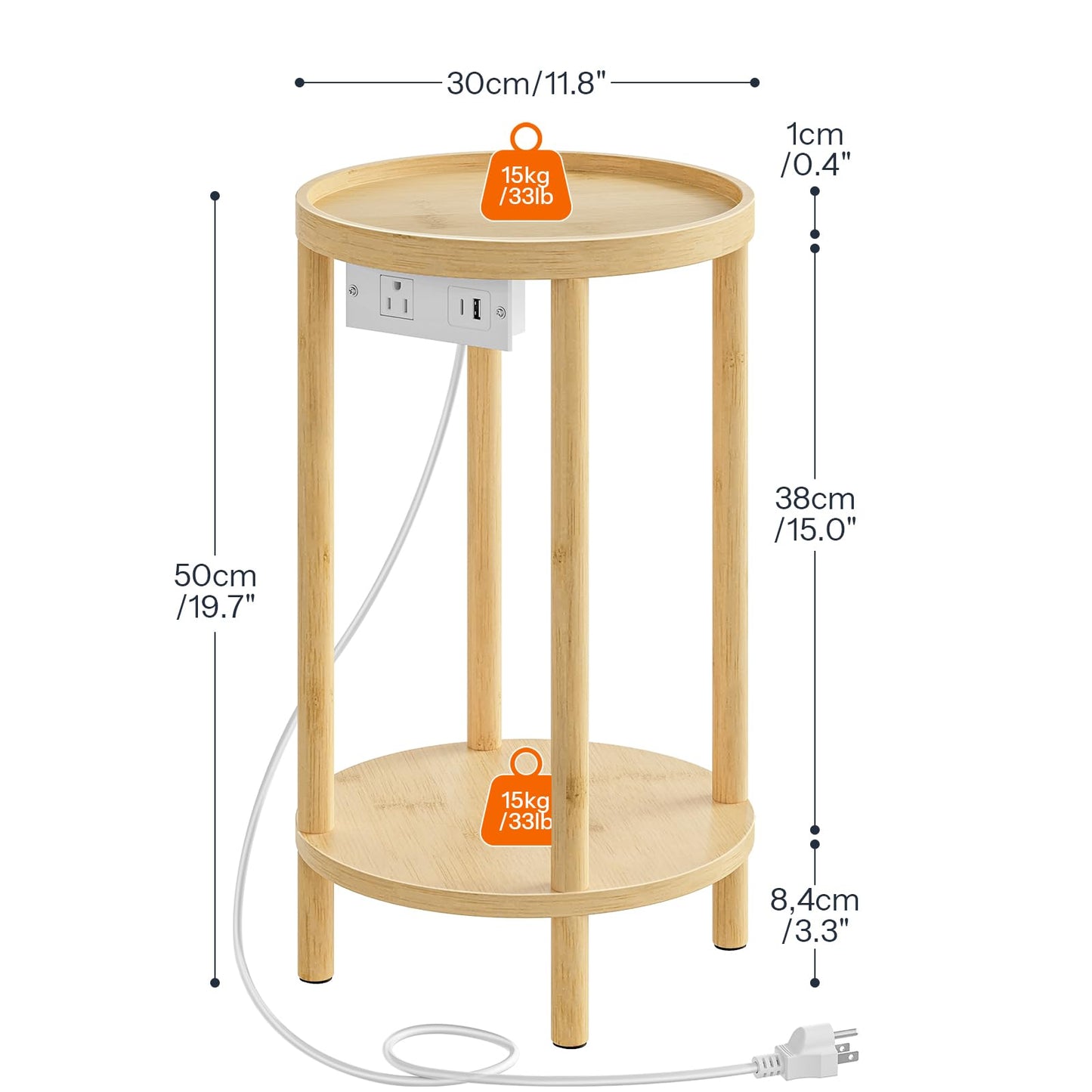 HOOBRO Small Round Side Table with Charging Station, 2-Tier Round Bamboo End Table, Compact Sofa Bedside Table for Small Space, Easy Assembly, for Living Room, Bedroom, Apartment, Natural YL156UBZ01