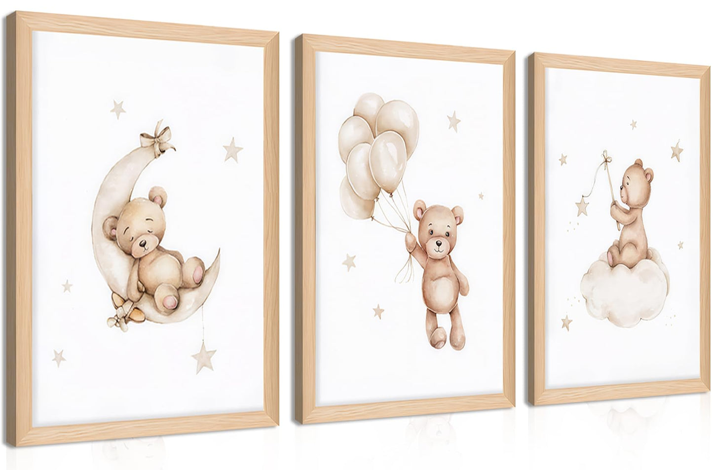 Framed Teddy Bear Wall Art Nursery Decor Set of 3, Bear Sleeping on The Moon and Stars Pictures Canvas, Neutral Bears Poster Prints Wall Decor for Kids Baby Room Girls Children Room – 12x16 inch