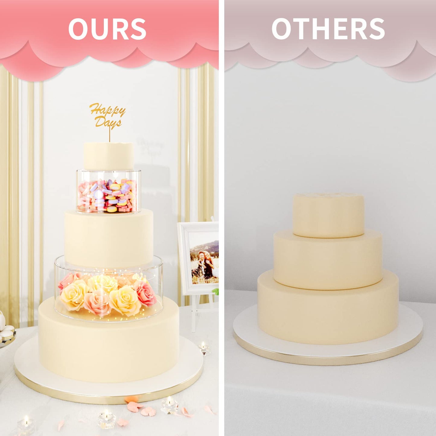 NPPLUS 2PCS Acrylic Fillable Cake Stand Cake Riser Cake Tier, Round Cylinder Display Riser Display Box, Decorative Centerpiece for Wedding Birthday Party (10" Dx4 H inch, 6" Dx4 H inch)