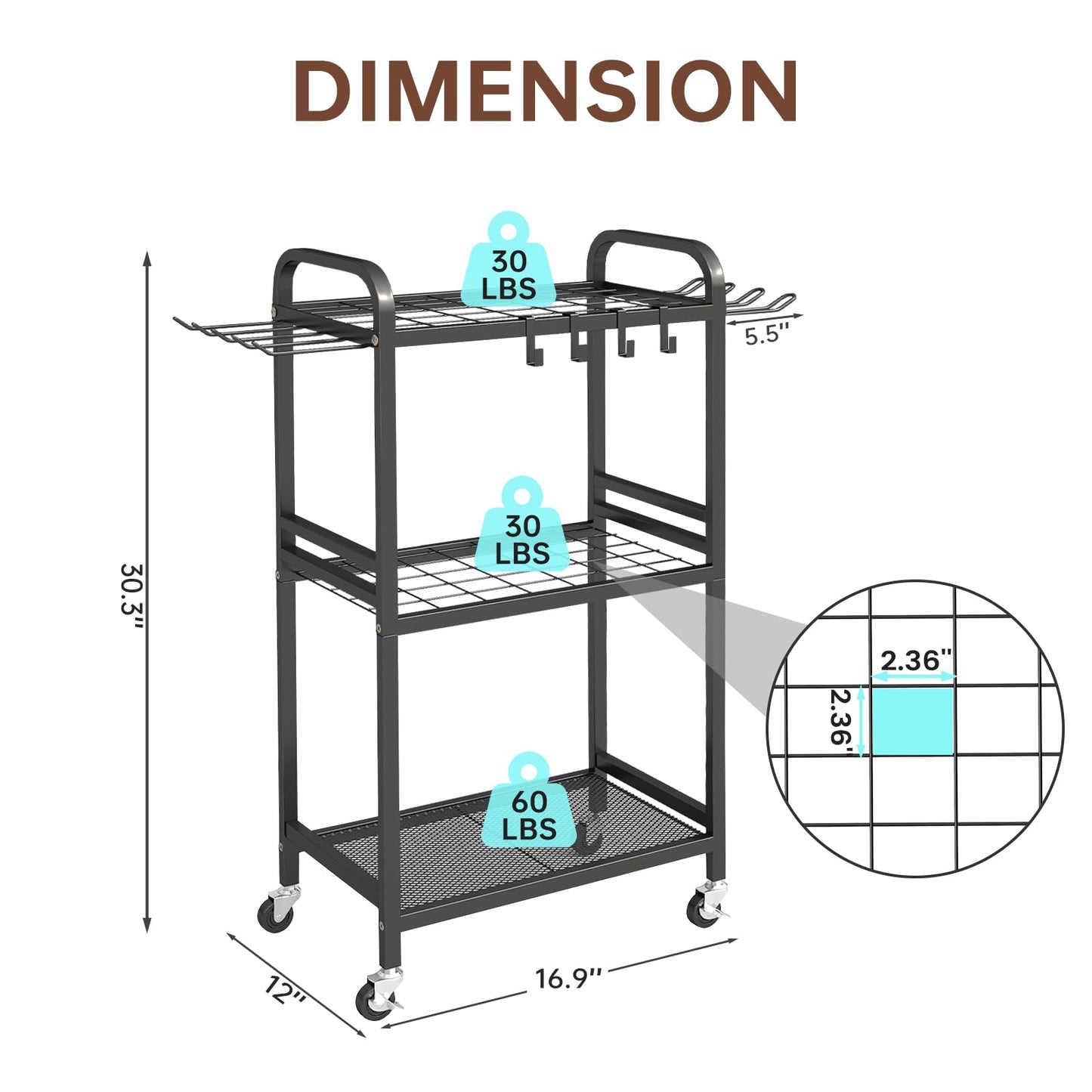 Hadulcet Garden Tool Organizer, Metal Garage Organization and Storage with Lockable Wheels, Garden Tool Rack with Storage Hooks, Heavy Duty Yard Tool Organizer for Garage, Shed, Lawn, Outdoor, Black