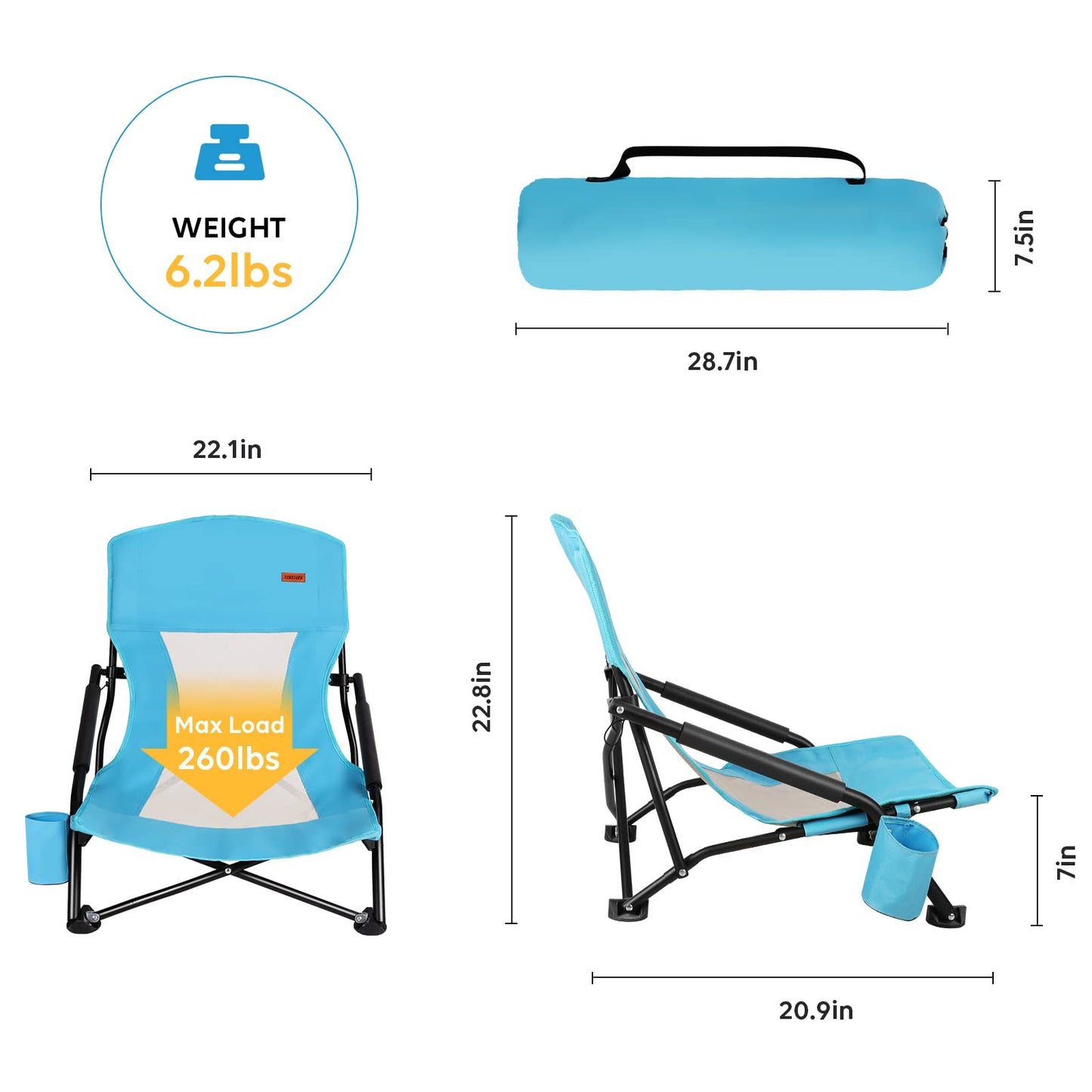 TOBTOS Low Beach Chair for Adults 2 Pack, Low Profile Folding with Cup Holder & Carry Bag, Heavy Duty Chair for Outdoor Sand, Camping, Concert, Travel