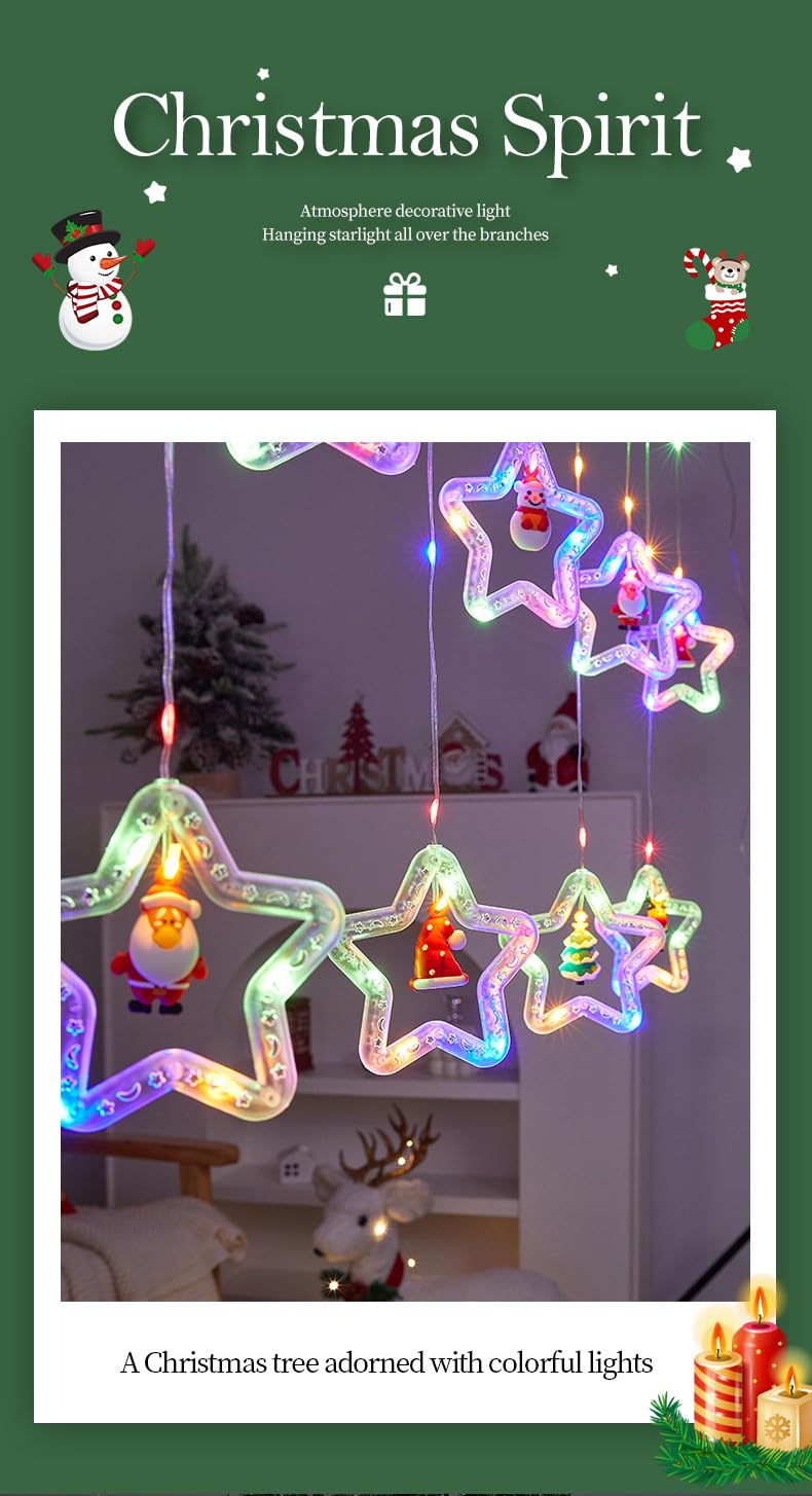 Frethind 100L Christmas Star Curtain Lights with Decorative Ornaments - 10 Star Hanging Loop Lights, 0.4/0.6m Height, 2m Power Cord, Perfect for Christmas Decoration, Suitable for Everyone