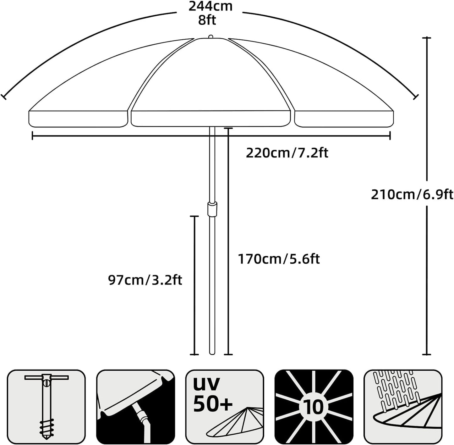 AMMSUN 8 FT Large Beach Umbrellas for sand with Sand Anchor Heavy Duty High Wind Portable Outdoor Umbrellas UPF 50+ Protection Air Vent Tilt for Bech Patio Garden (Navy)