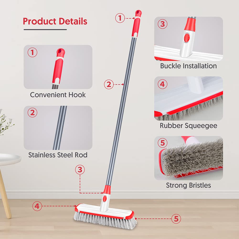 Floor Scrub Brush with Long Handle, Scrubbing Brush Squeegee Broom for Cleaning, 2 in1 Stiff Bristle Shower Scrubber Floor Squeegee for Pool Wall Tile(White)