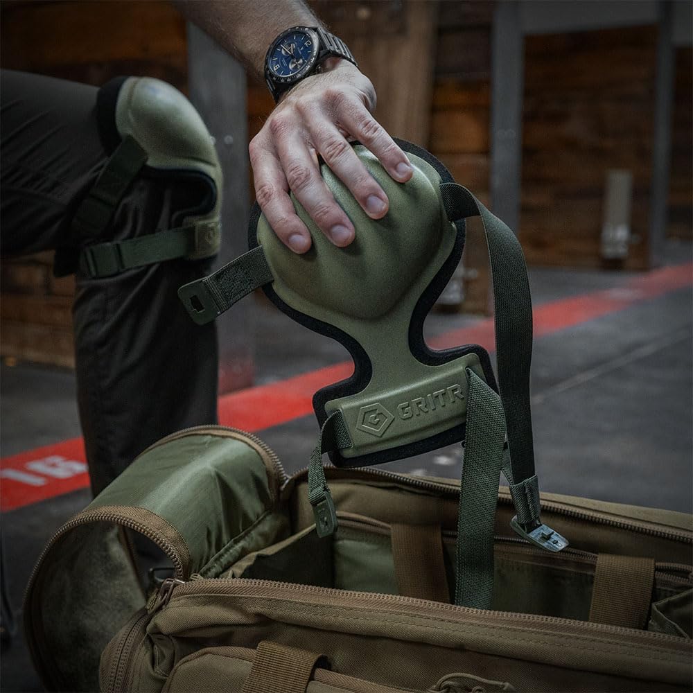 GRITR Tactical Knee Pads for Work, Hunting, Construction, Gardening, Paintball w/Foam Padding, Hard Shell & Adjustable Straps - Heavy Duty Professional Knee Protectors for Men & Women, Ranger Green