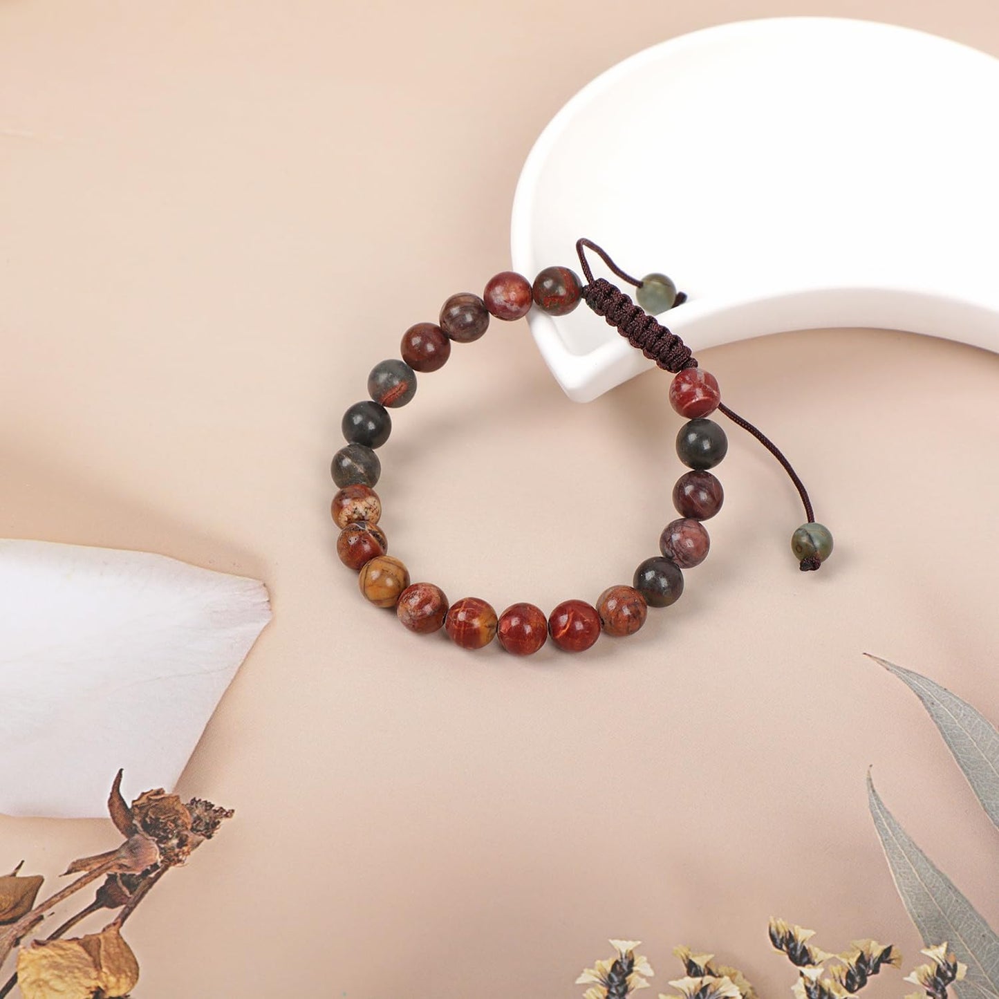 AD Beads Natural 8mm Gemstone Bracelets Healing Power Crystal Macrame Adjustable 7-9 Inch (Picasso Jasper)