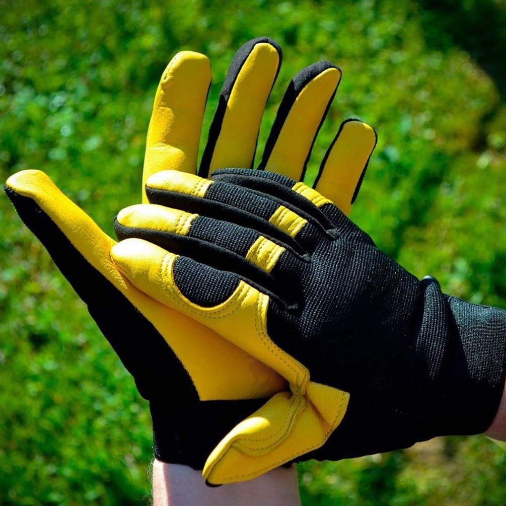 NORTH SKIN Gardening Thorn-Proof Working Gloves with Touch Screen Support, Thick Leather, Heavy-Duty Safety Gloves for Garden (Yellow, M)