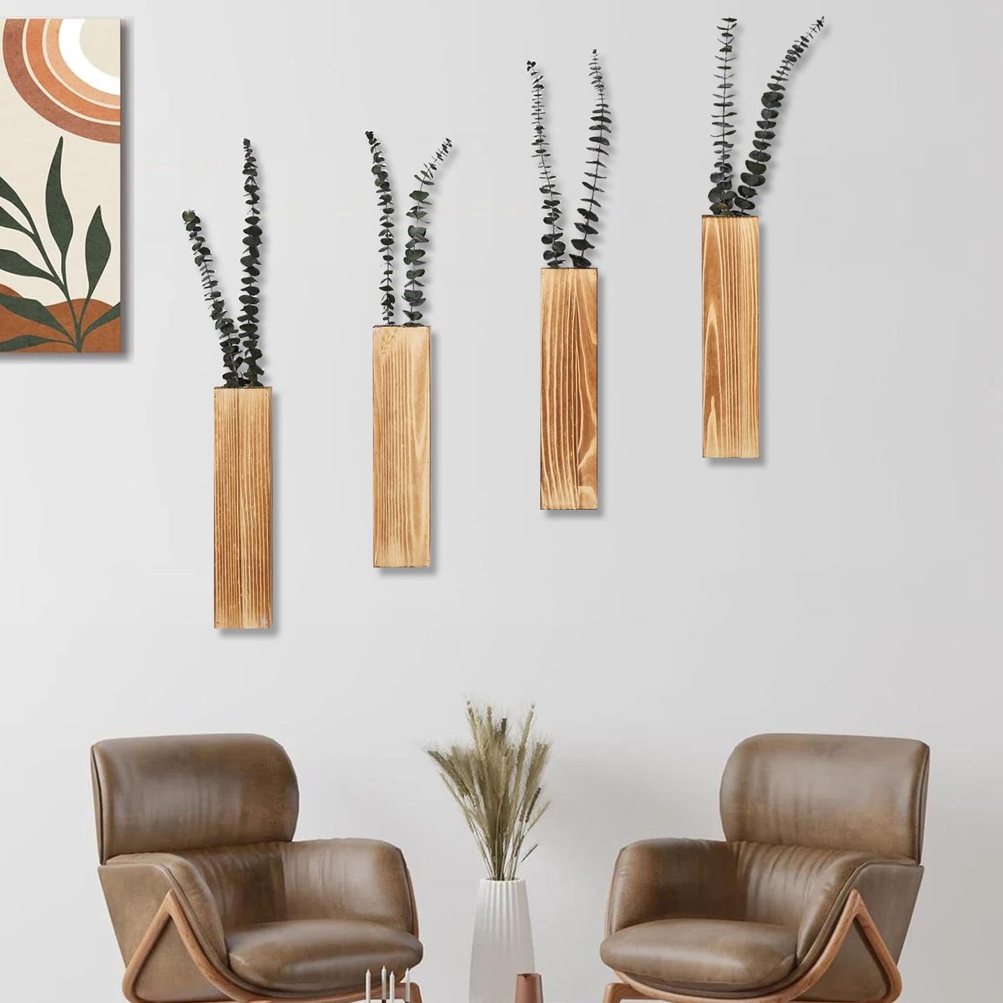 Sawoake Wooden Wall Planter Set of 4 - Modern Home Decor for Living Room, Bedroom, Bathroom - Brown Finish Planter for Dried Flowers, Faux Greenery, Indoor Plants