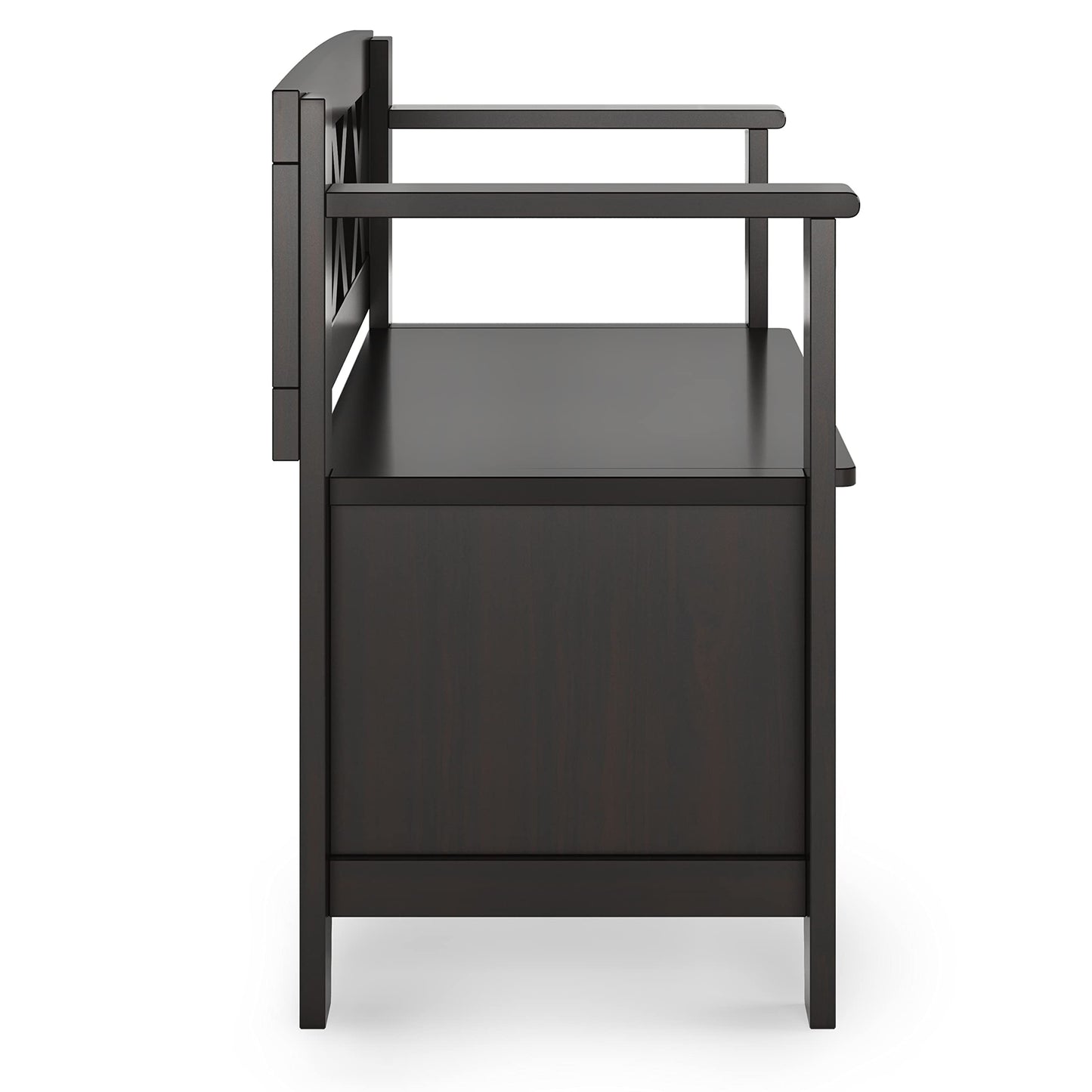 SIMPLIHOME Amherst Entryway Storage Bench - 36 inch Wide Solid Wood Hallway Bench in Hickory Brown, Transitional Bench for Entry or Mudroom with Lift-Up Lid, Storage Compartments and X-Back Detail