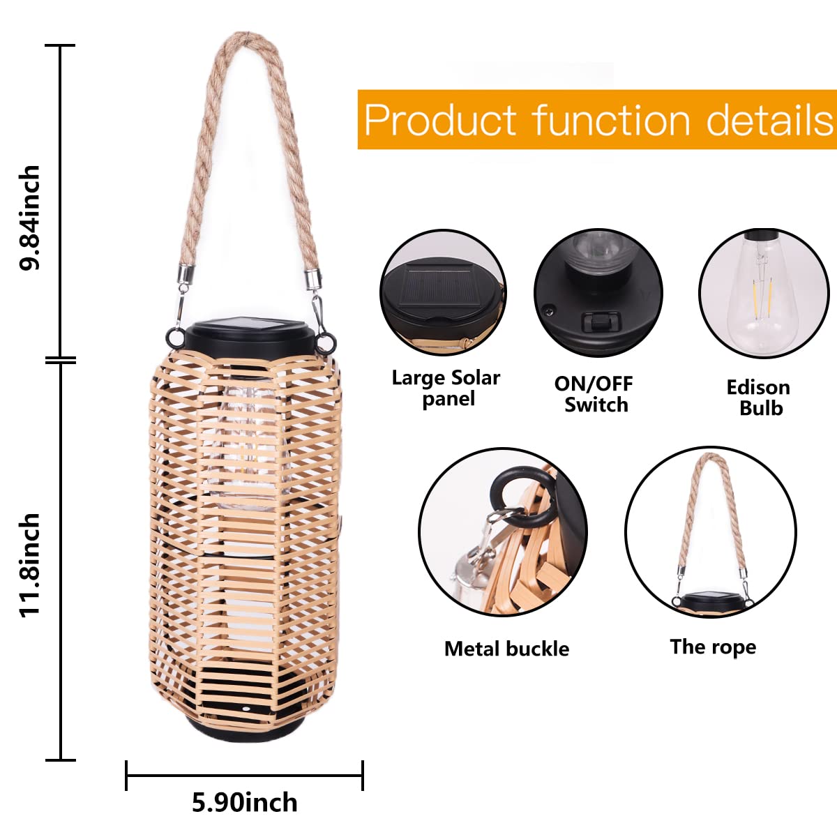 Livinlarge Solar Lantern Outdoor Hanging Lights, Rattan Lantern Waterproof with Twine Handle, Bright Solar Outdoor Lights with Edison Bulb for Garden Patio Yard Tabletop Decoration
