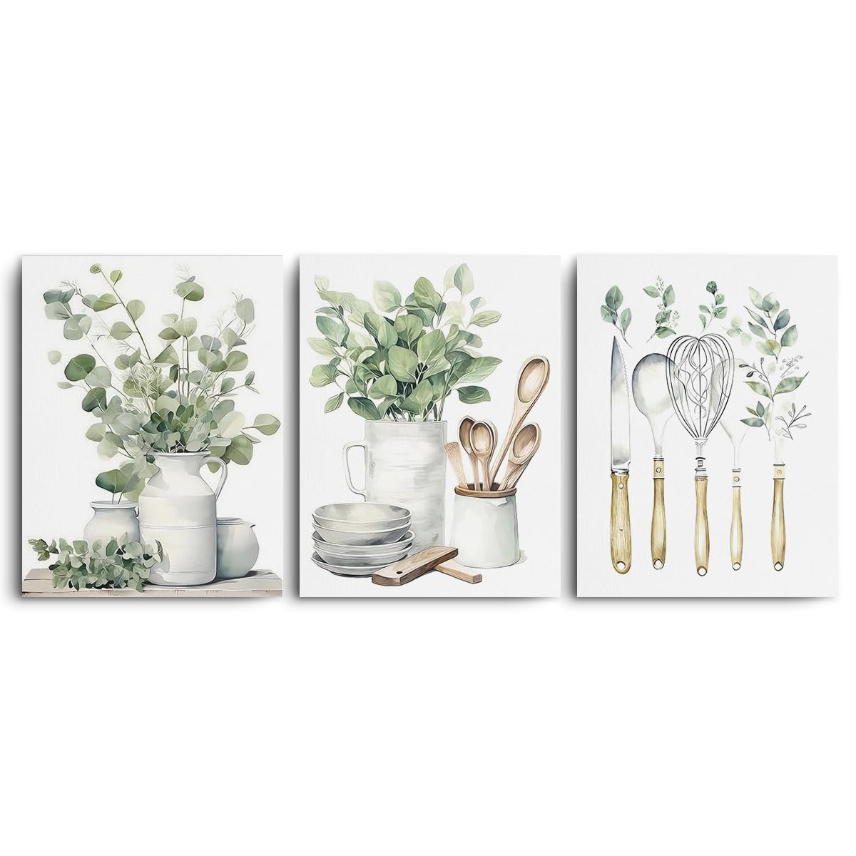3 Pcs Botanical Plant Canvas Wall Art, Aesthetic Boho Wall Decor Framed Prints for Bedroom Living Room Decor, Sage Green Eucalyptus Leaf Tableware Prints for Office, Housewarming Gifts 11.5x15 Inch