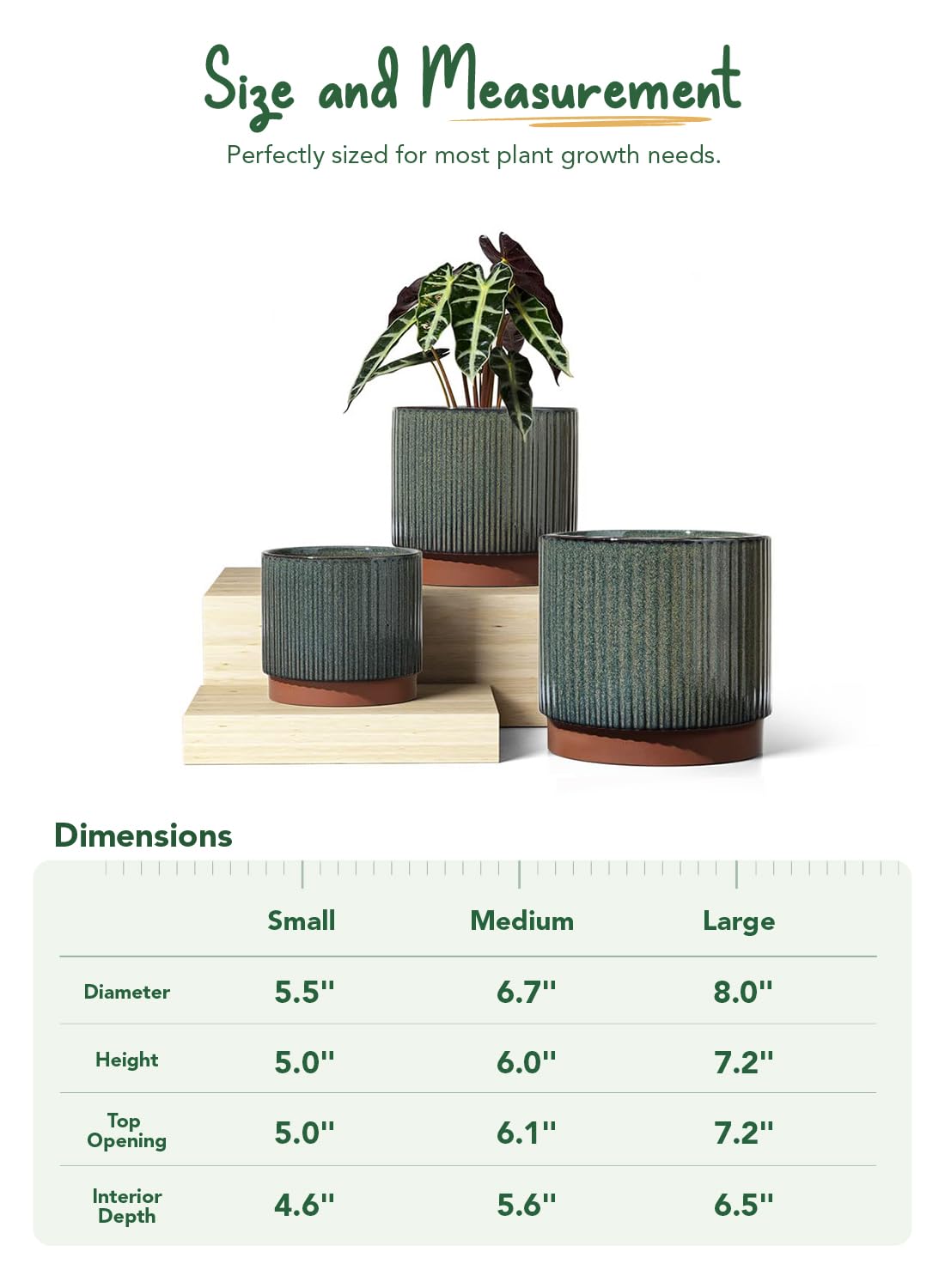LE TAUCI Ceramic Plant Pots with Drainage Holes, Set of 3, 8+6.7+5.5 Inch Stripe Garden Planter Pots for Outdoor Indoor Plants Flower, Round Succulent Orchid Flower Pot, Reactive Glaze Black