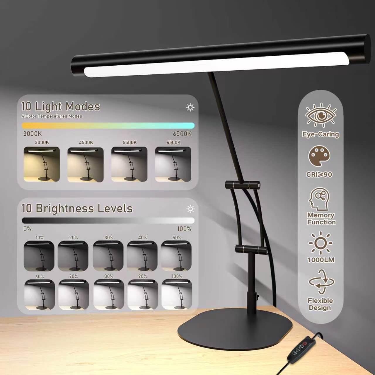 LED Desk Lamp, 10W Eye-Caring Task Light for Home Office, Metal Build with Frosted Texture & Stable Base, 3 Color Modes, 10 Brightness Levels, Flexible Adjustment & Memory, USB Adapter Included, Black