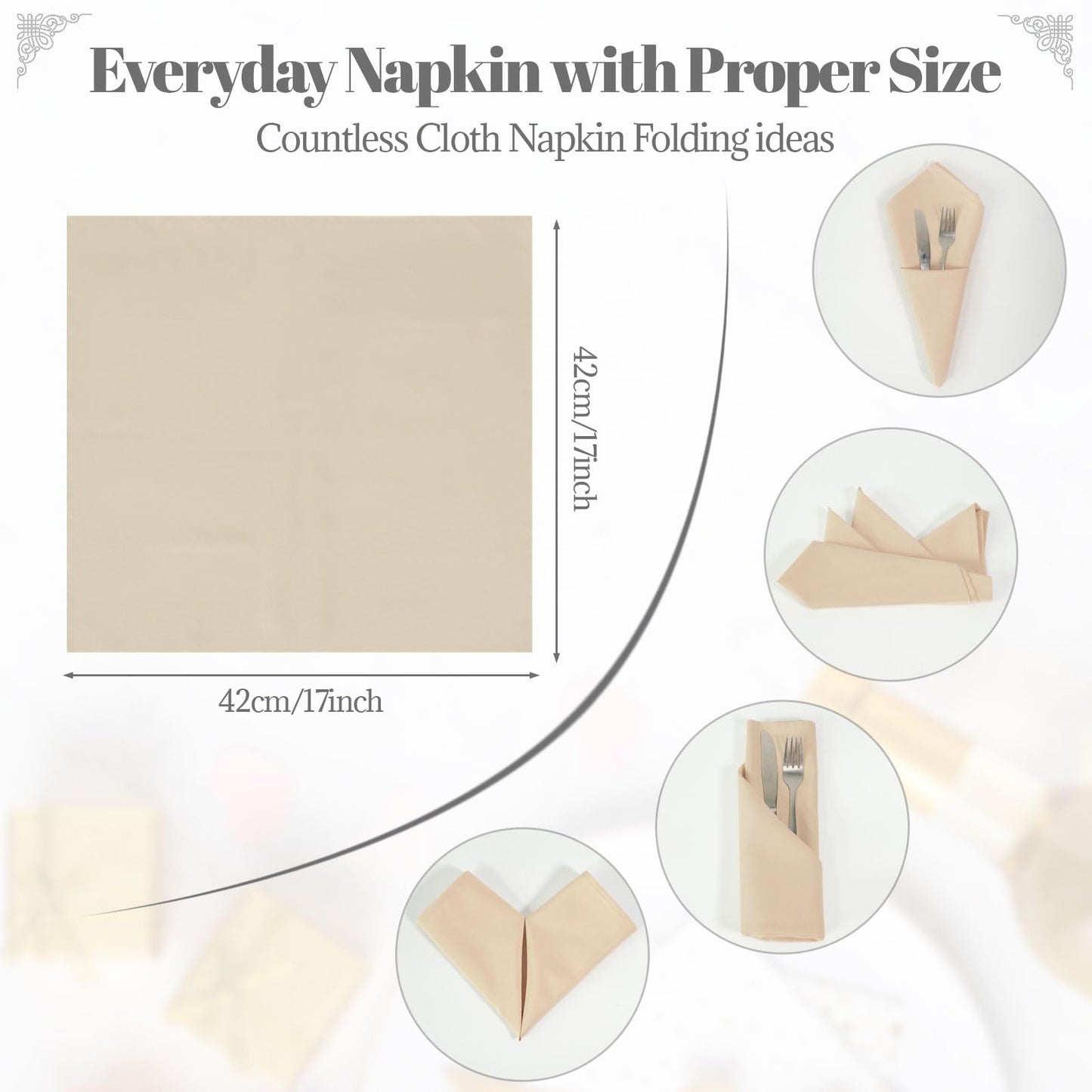 PLOYMONO Beige Heavy Duty Polyester Napkins - 17 x 17 Inch Solid Washable Cloth Dinner Napkins - Set of 8 Napkins with Hemmed Edges - Great for Weddings, Parties, Banquets Dinner & More