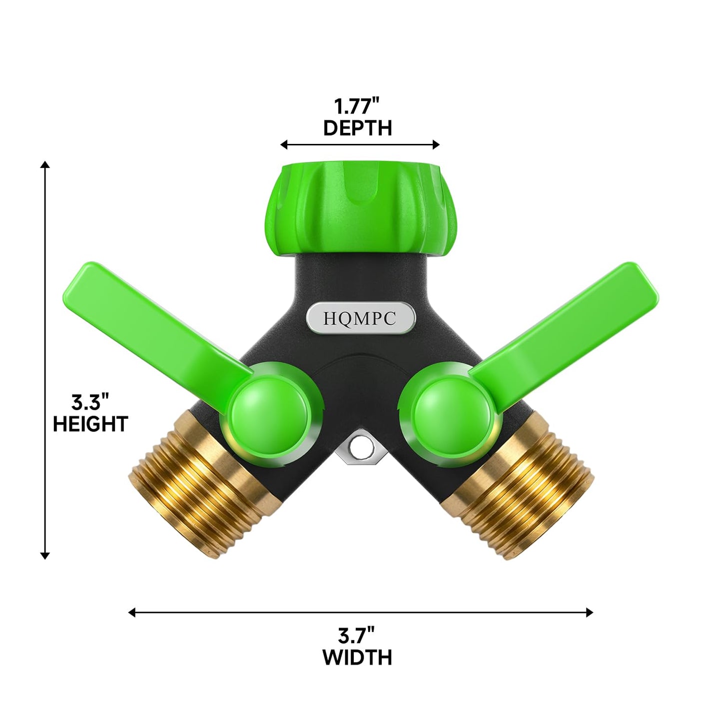HQMPC Garden Hose Splitter, 2 Way Hose Bib Splitter, Brass y splitter 2 way Y valve Metal Body 2 Way Hose Shut Off Valve, 2.12" Extra Long Metal Handle, 3/4" GHT Thread (1, Green)