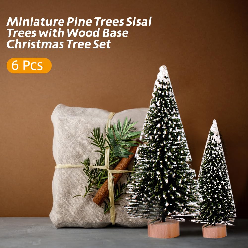 Yahpetes Miniature Christmas Tree 6 Pcs Pine Trees Sisal Trees Snow Frost Ornaments with Wooden Bases for Miniature Scenes, Christmas Crafting and Designing, Mixed Size