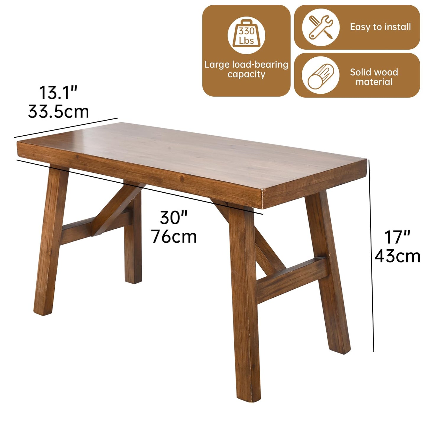 Handcrafted Solid Wood Bench, 30" - Farmhouse-Style Entryway Seating for Living & Dining Room, Rustic Design, Natural Finish