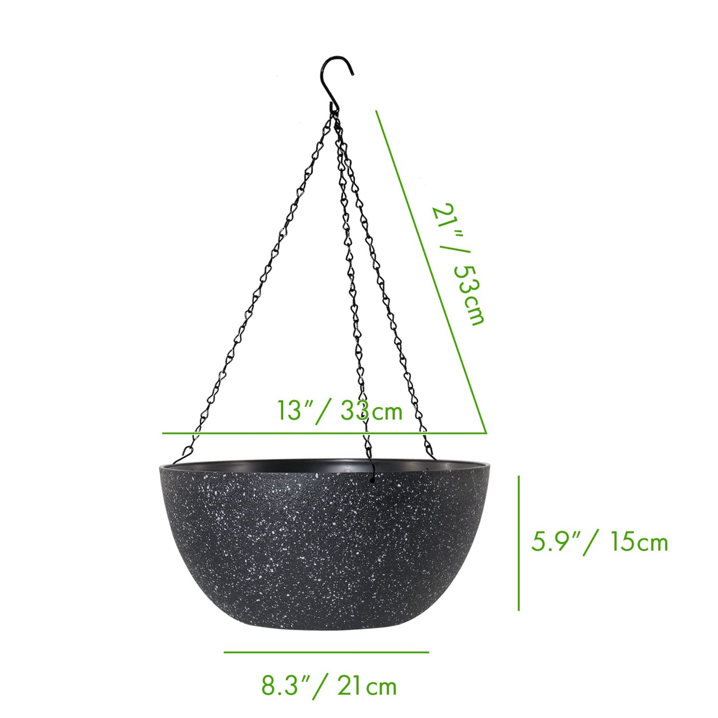 WOUSIWER 13 inch 2Pack Large Hanging Planters for Outdoor Indoor Plants with Drainage Holes and Chain, Round Hanging Flower Pots for Garden Home Porch Decor, Black Speckles