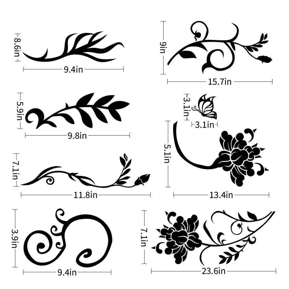 Supzone Flowers & Butterflies Wall Decals - DIY Black & Floral Wall Stickers for Bedrooms & Living Rooms