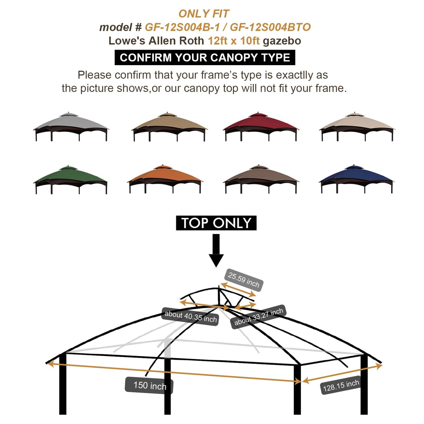 Eurmax USA High Performance Replacement Canopy Top for Lowe's Allen Roth Heavy Duty Gazebo Roof Gazebo Top with Air Vent 10X12 Cover #GF-12S004B-1, Replacement Top Only (Rust)