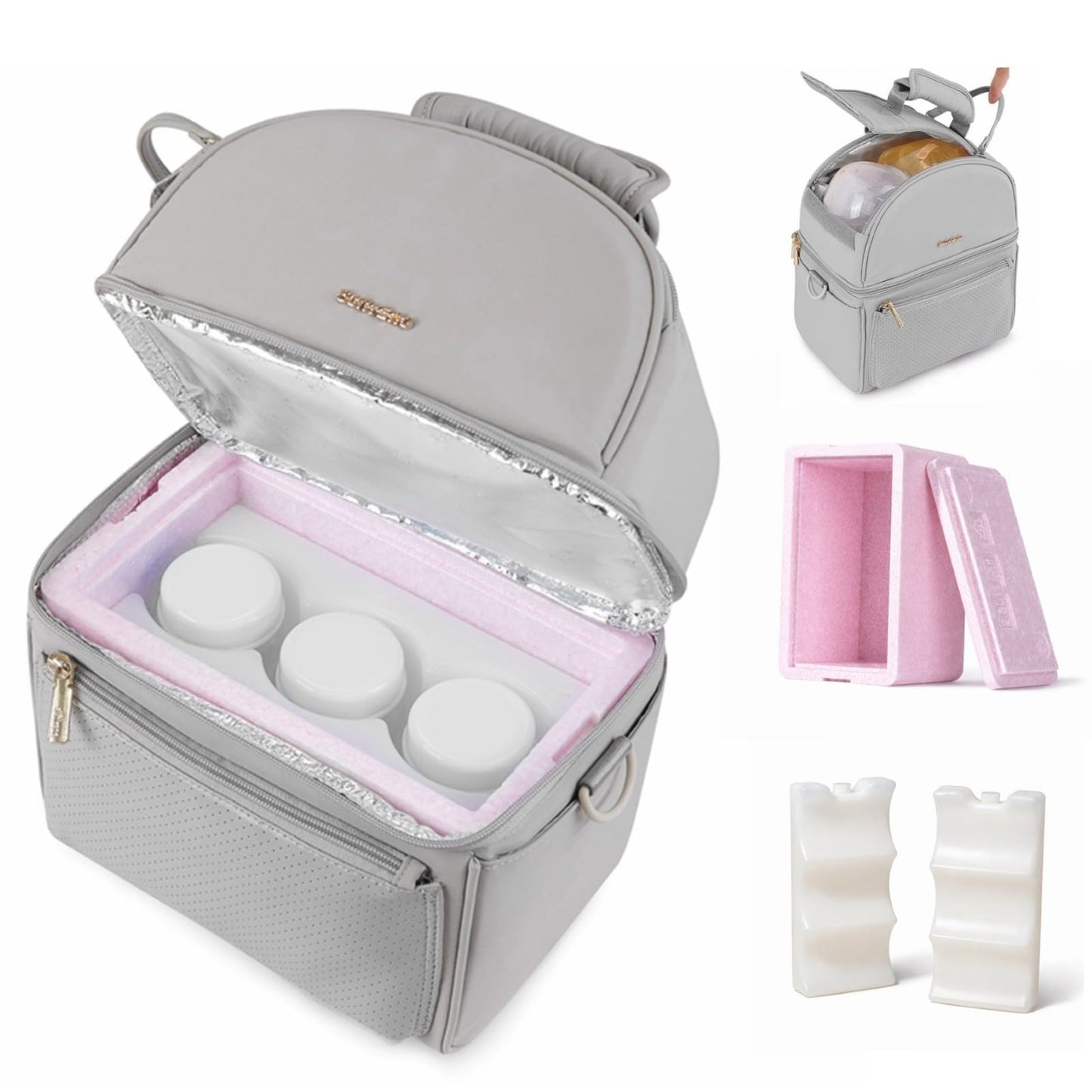 SUNVENO Breast Milk Cooler Bag with Detachable Insulation Box, Double-Layer Pumping Travel Bag for Work & Daycare, Fits Bottles, Ice Packs and Pump Parts,Grey