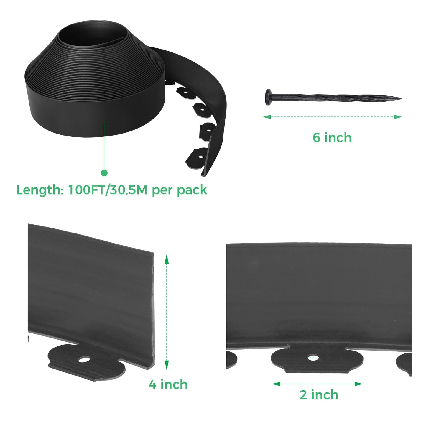 4-Inch x 100 FT Landscape Edging Border with 150 Stakes, Plastic Garden Edging Border Kit, Flexible No Dig Lawn Edging Border for Garden Flower Beds Yard Pathway Paver (Black)