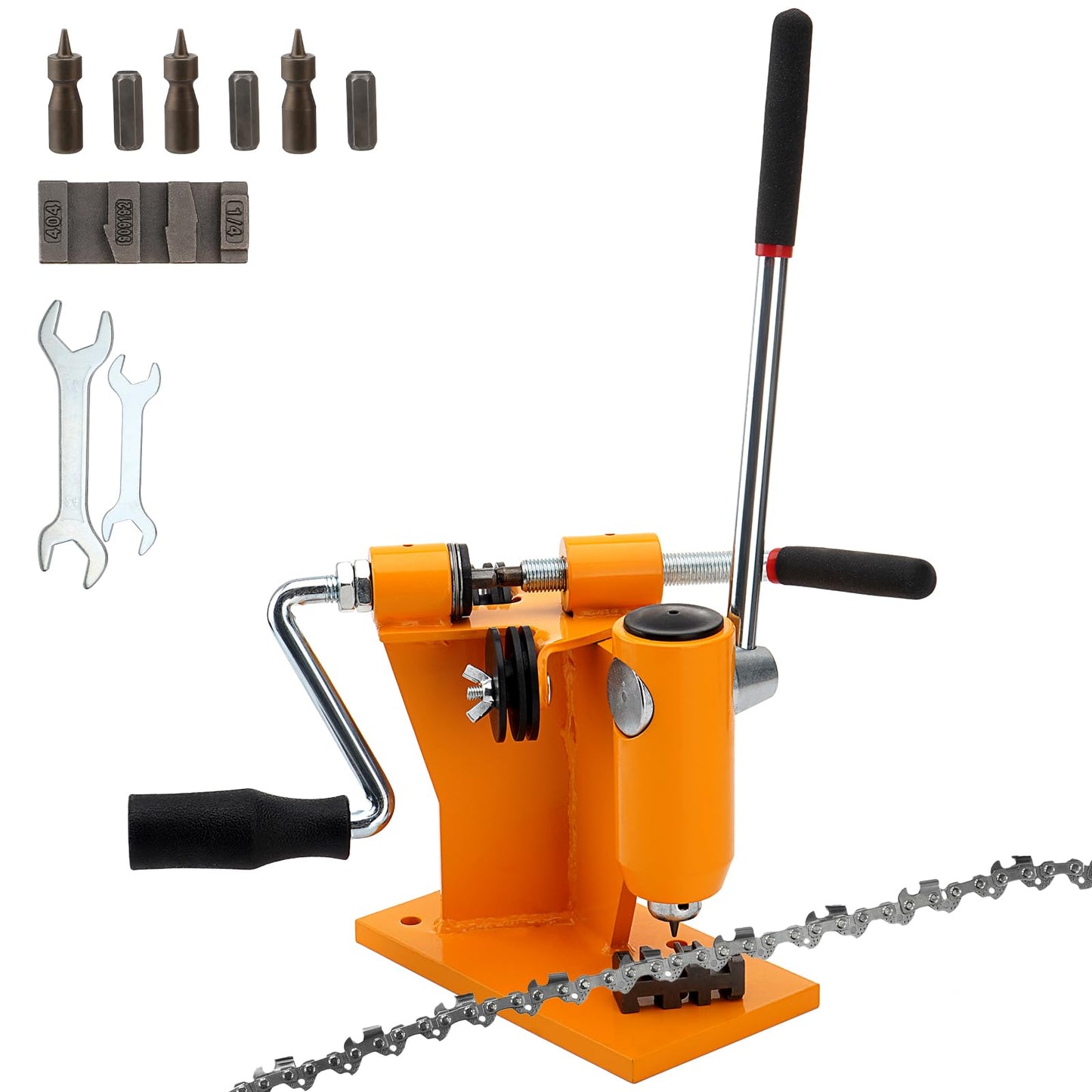 2-in-1 Chainsaw Chain Breaker and Spinner, Manual Chain Breaker and Rivet Spinner, Benchtop Chainsaw Chain Repair Tool with 3 Quenching Drill Bits, 3 Anvils, and 2 Hex Wrenches