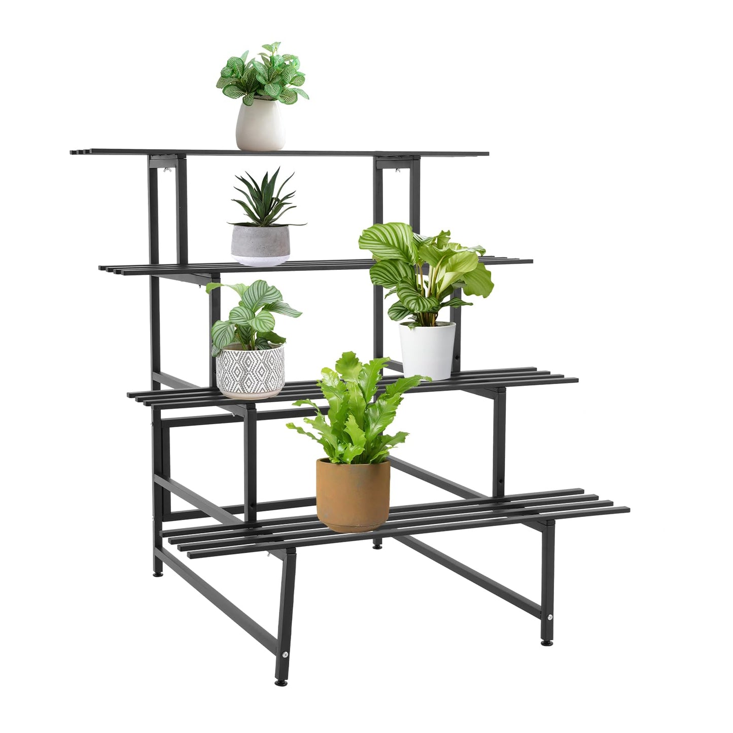 GALAXYWAY 4 Tier Black Metal Plant Stand, Stair Step Plant Stand Indoor Outdoor Tiered Planter Shelf Ladder Flower Pot Holder Plant Stands for Patio Garden Balcony