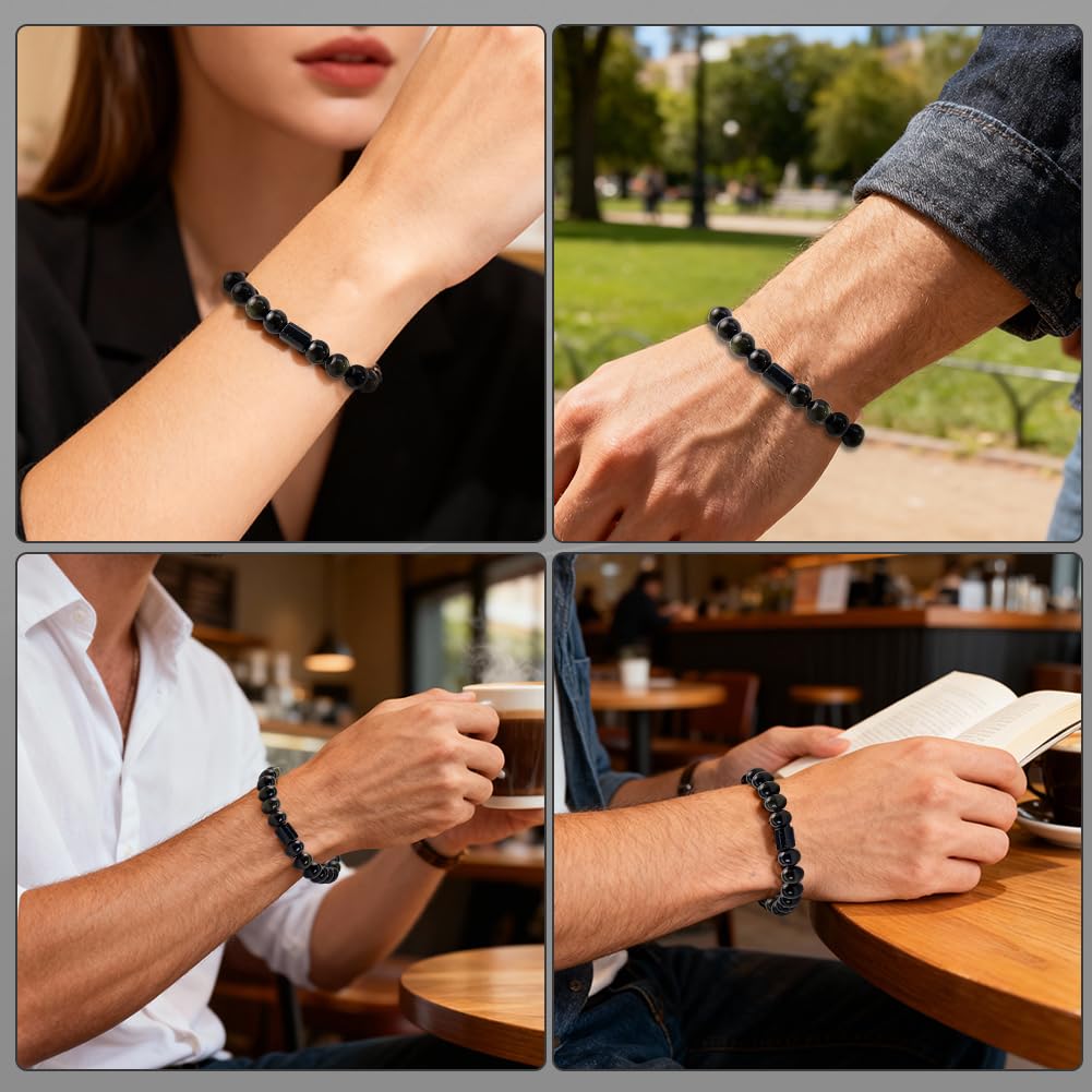 Buddha Stones Black Obsidian Bracelet with Black Tourmaline, Black Stone Bead Bracelet for Men & Women, Unisex Good Luck Bracele for Protection Positive Energy, Healing Crystal Bracelet for Anxiety Relief, Includes Gift Box & Card - 8MM